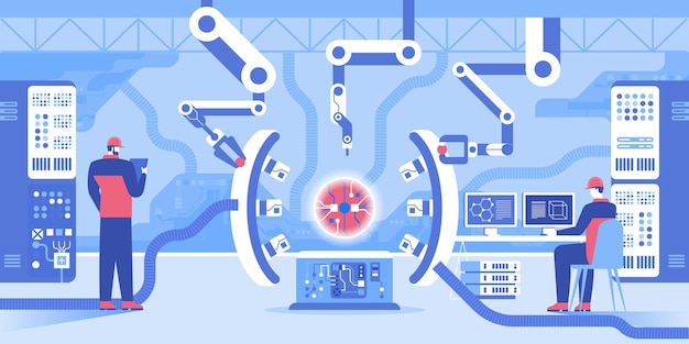 Vektor innenraum des wissenschaftlichen forschungslabors mit robotertechnologie