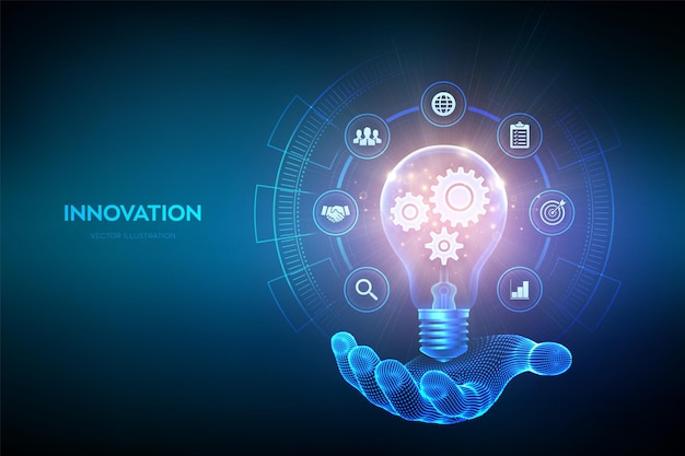 Innovation Unternehmen innovative Idee und Lösungskonzept Glühbirne mit Getriebe Zahnräder im Inneren in der Hand