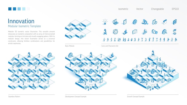 Innovationsprojekt startet modularen isometrischen Konstruktor. Nahtloser Muster-Grundlinien-Icon-Zeichensatz. Entwickeln Sie Wachstum über Treppen. Teamwork-Konzept. Kreative Ideenplattform. Business-Infografik