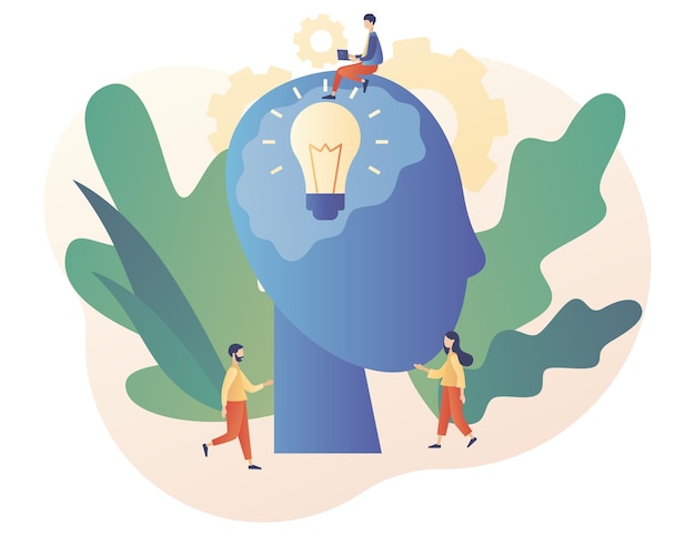 Innovative Lampe im Kopf. Große Idee. Glühbirne. Inspiration für kleine Menschen, die neue Geschäftsideen entwickeln