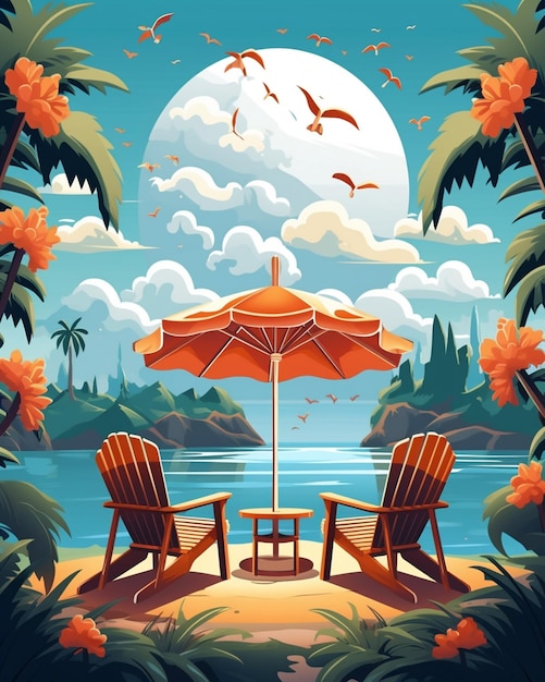 Insel mit Regenschirm und Stühlen