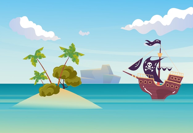 Insel, Wüste, Meer, Cartoon, Küste, tropischer Ozean, Konzept, Grafikdesign, Illustration