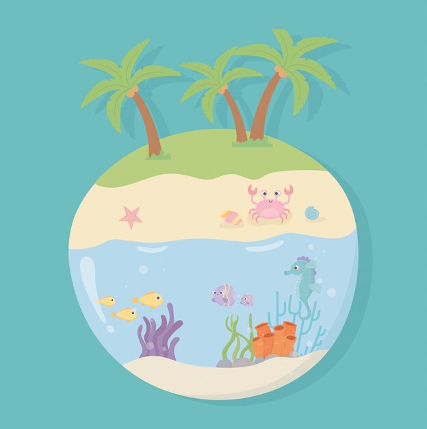 Inselkrabbenstrand sand seepferdchen seestern schneckenfische unter see cartoon vektor-illustration