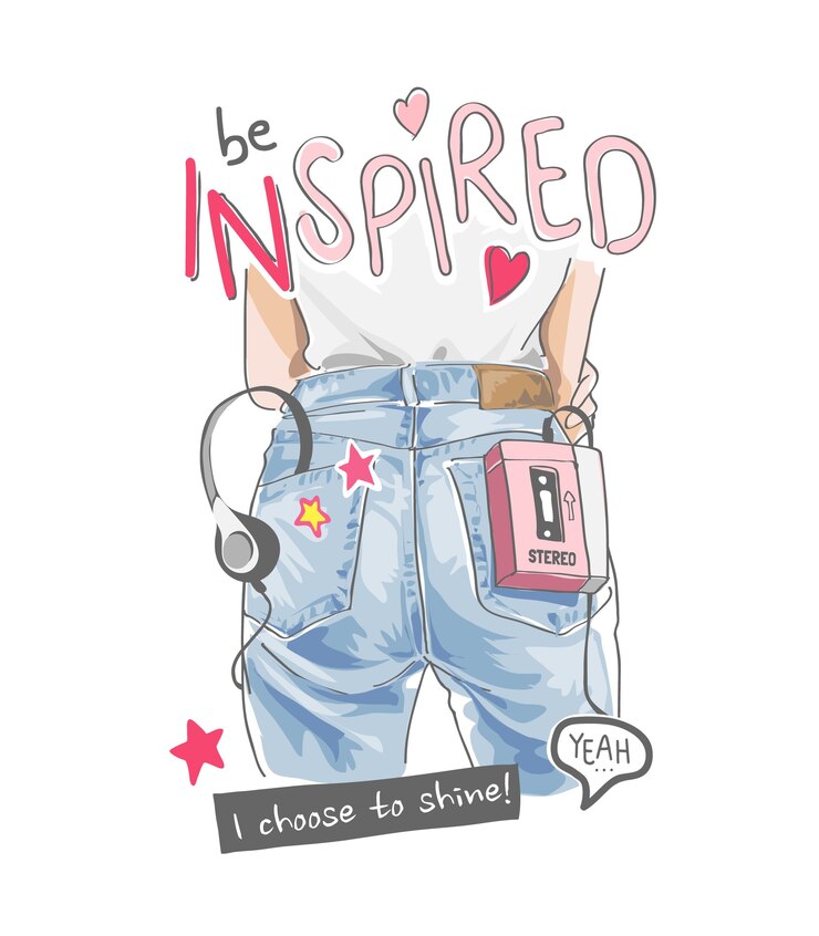 Vektor inspirierte sloganfrau in blue jeans und niedlichen ikonenillustration