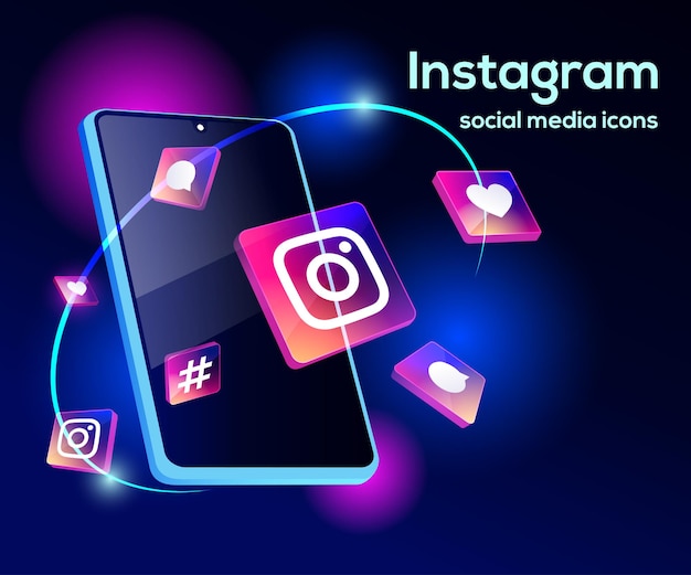 Instagram 3d illsutration mit raffiniertem smartphone und symbolen