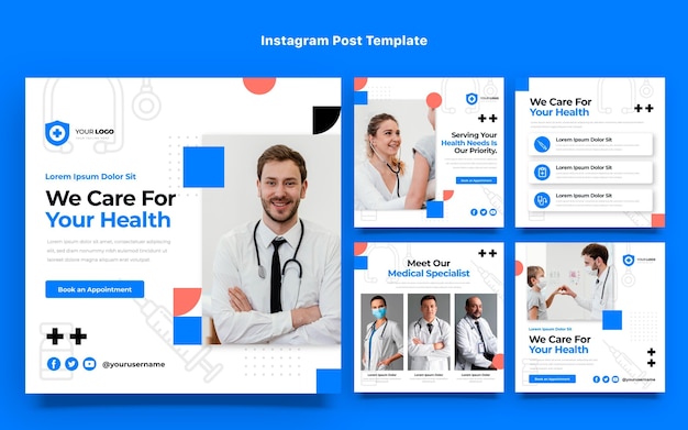 Instagram-Beiträge für die medizinische Versorgung im flachen Design