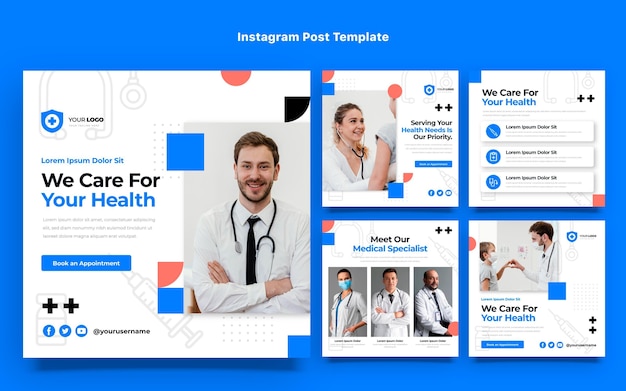 Instagram-beiträge für die medizinische versorgung im flachen design