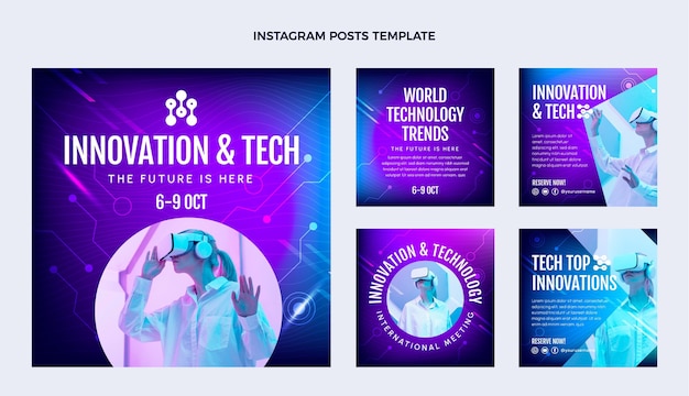 Vektor instagram-beiträge mit abstrakter technologie mit farbverlauf