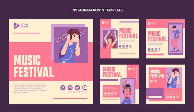 Vektor instagram-beiträge zum minimalen musikfestival im flachen design