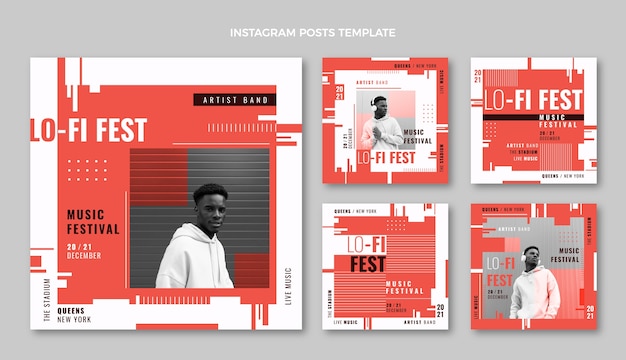 Instagram-Beiträge zum minimalen Musikfestival im flachen Design