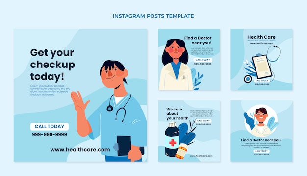 Vektor instagram-beiträge zur medizinischen versorgung im flachen design