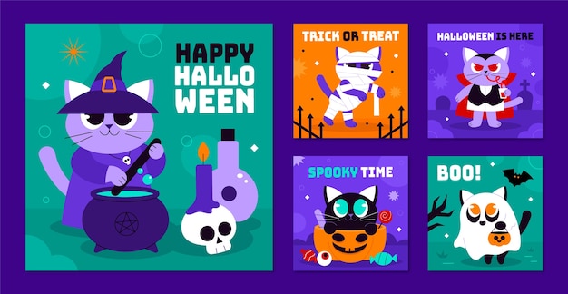 Instagram-beitragssammlung des flachen designs der halloween-feier