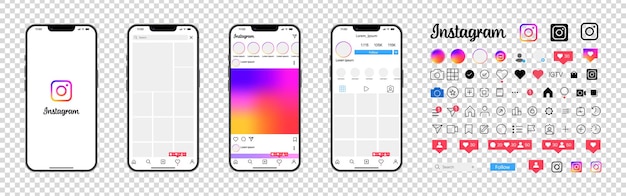 Instagram-design setzen von bildschirm, social-media- und netzwerk-schnittstellen-vorlage foto-rahmen geschichten gefällt feedback persönliches profil chat reels feed trends transparenter hintergrund redaktionelle