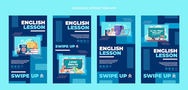 Vektor instagram-geschichten für englischunterricht im flachen design