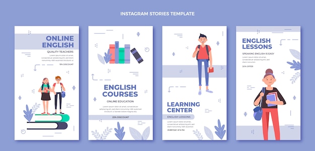 Vektor instagram-geschichten für englischunterricht im flachen design