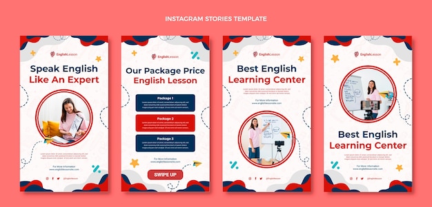 Instagram-geschichten für englischunterricht im flachen design