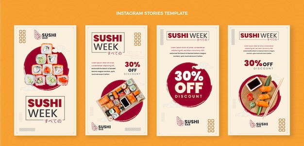 Vektor instagram-geschichten für sushi im flachen design