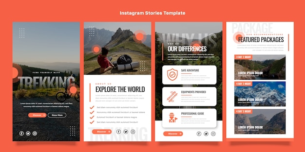 Vektor instagram-geschichten für trekking im flachen design