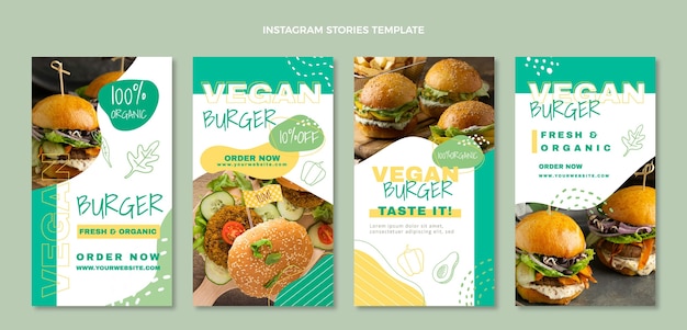 Vektor instagram-geschichten für veganes essen im flachen design