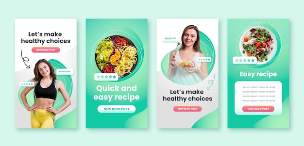 Vektor instagram-geschichten mit gradientenernährungsberatern
