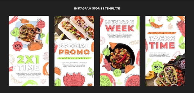 Vektor instagram-geschichten mit mexikanischem essen im flachen design