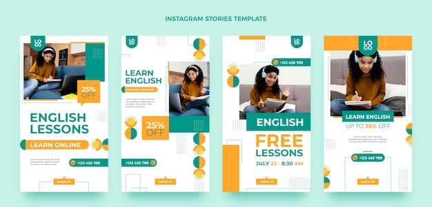 Vektor instagram-geschichten-vorlage für englischunterricht im flachen design