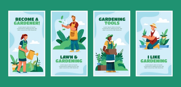 Instagram-geschichten zur gartenarbeit im flachen design