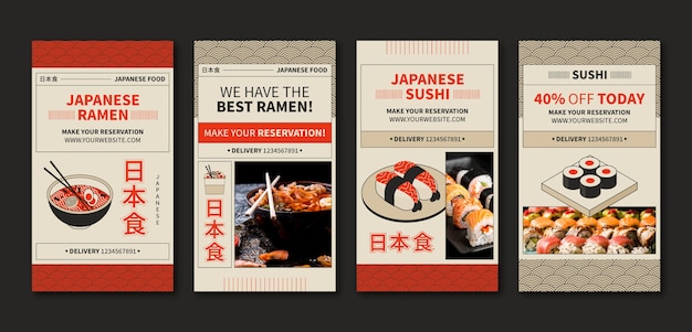 Vektor instagram-geschichtenvorlage für japanisches restaurant im flachen design