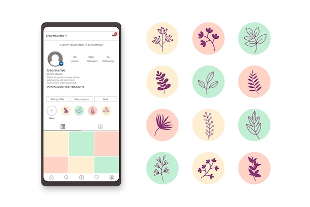 Vektor instagram handgezeichnete florale geschichten highlights