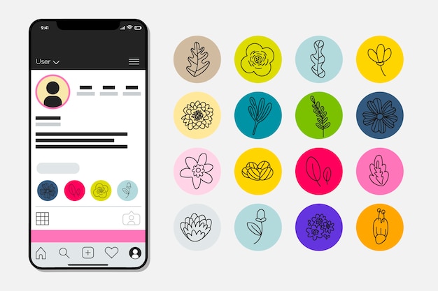 Vektor instagram handgezeichnete florale geschichten highlights