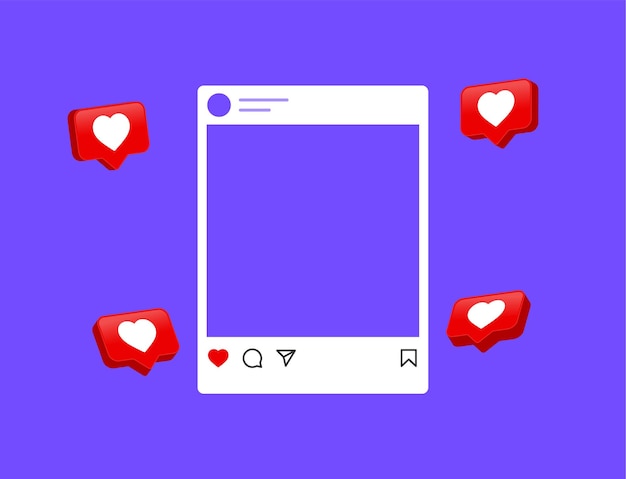 Instagram-Post-Mockup 3D-Social-Media-Rahmenvorlage mit 3D-Herz-Sprechblasen-Benachrichtigungssymbolen
