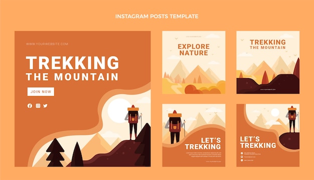 Instagram-post-sammlung für trekking im flachen design