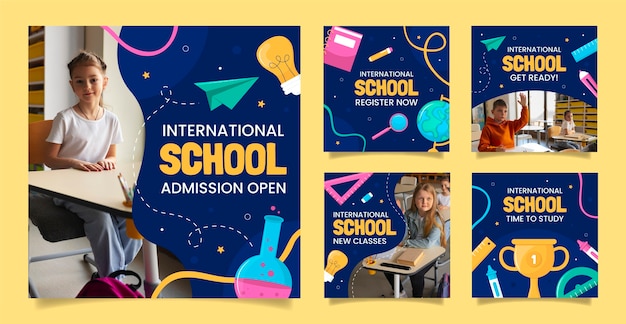 Instagram-Posts der internationalen Schule im flachen Design