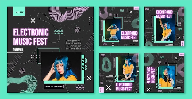 Vektor instagram-posts für elektronische musik im flachen design