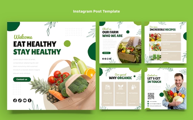 Vektor instagram-posts für gesunde lebensmittel im flachen design