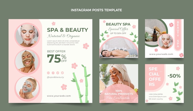 Instagram-Posts im Spa- und Schönheitszentrum mit flachem Design