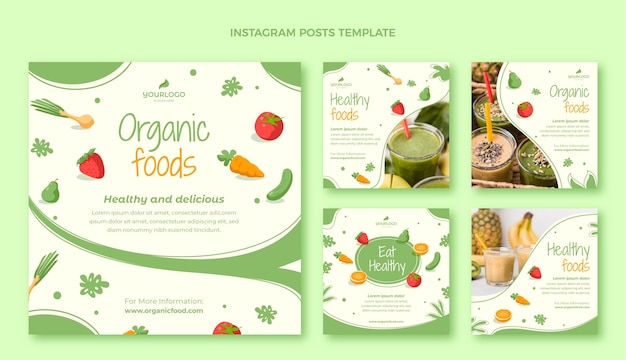 Instagram-Posts mit flachem Design für Bio-Lebensmittel