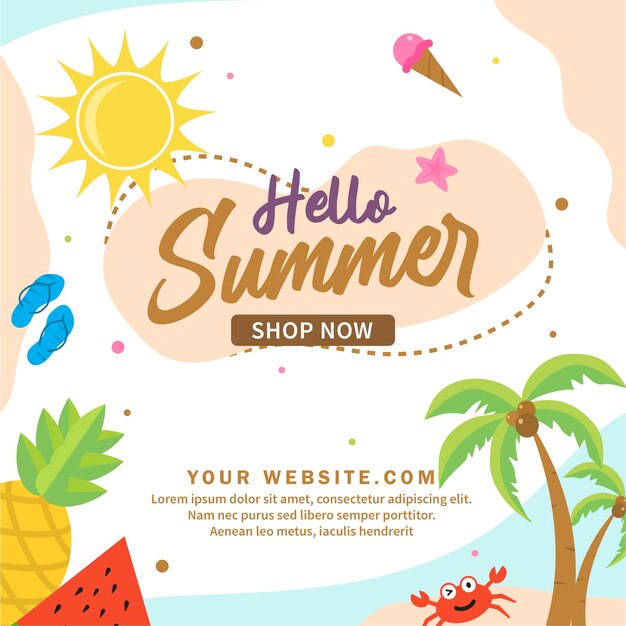 Instagram-Posts und Posterkarte für Sommerferien im flachen Design
