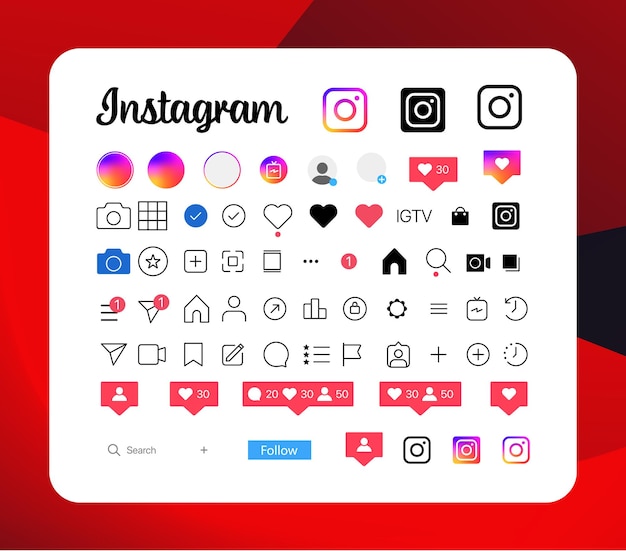 Instagram-schaltfläche-symbol setzen sie bildschirm social-media- und social-network-schnittstellen-vorlage geschichten benutzer-schaltze symbol zeichen logo geschichten gefallen stream redaktionelle vektor-illustration