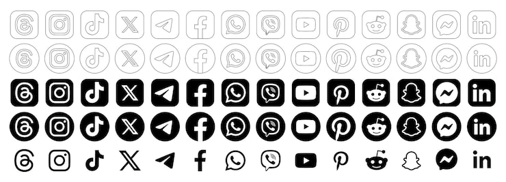 Vektor instagram tiktok facebook whatsapp x twitter youtube und telegram schwarze ikonen für soziale medien