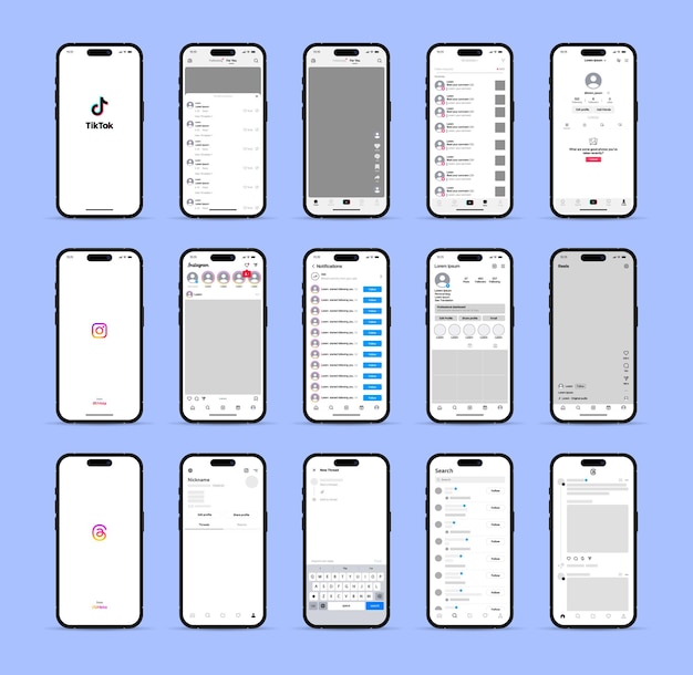 Vektor instagram tiktok threads soziale medien social media set instagram tiktok threads schnittstelle social network bildschirm-mockup benutzeroberfläche bildschirmoberfläche layout der mobilen anwendung