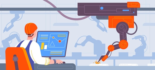 Intelligente fabriksteuerung zeitgenössisches industrie-4-0-konzept, drahtlose steuerung, automatisierung, montagesoftware-schnittstelle zur überwachung von fertigungsmaschinen, prächtige vektorillustration der fabrikindustrie