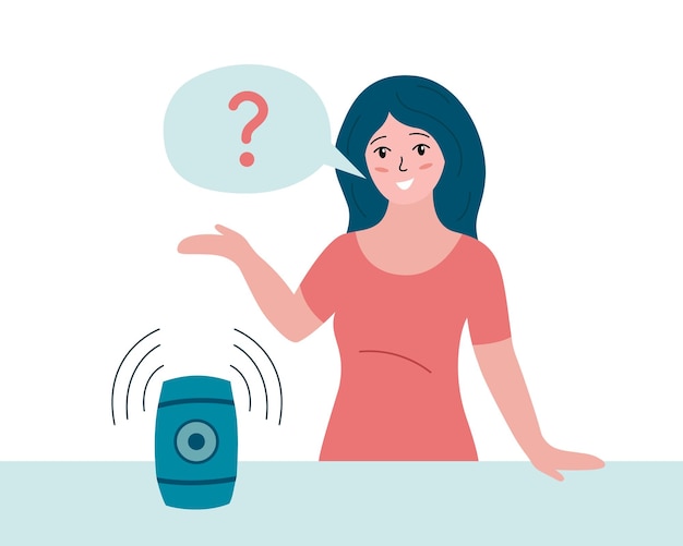 Intelligente Lautsprechertechnologie Sprachassistent Frau, die Frage an intelligentes Lautsprechergerät stellt Person und Gerät Flache Vektorgrafik