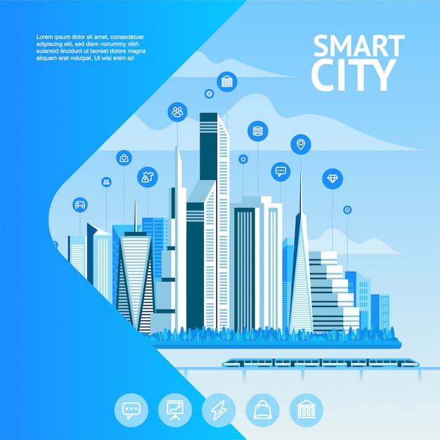 Intelligente stadt. stadtlandschaft mit infografik-elementen. moderne stadt. konzept-website-vorlage.