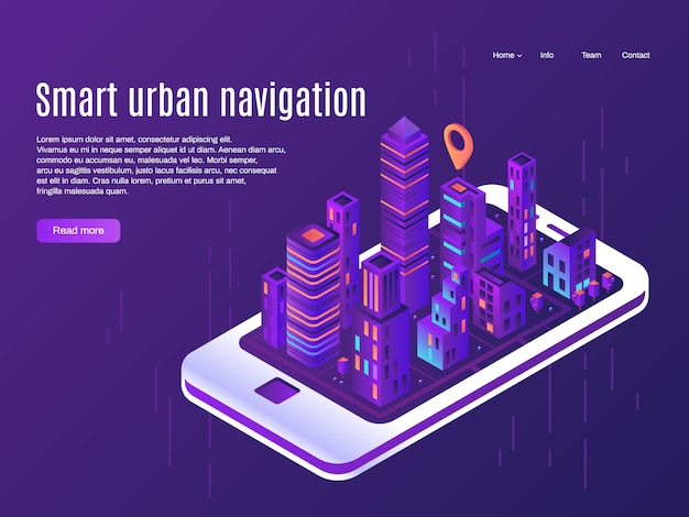 Intelligente städtische Navigation. Stadtflugzeugansicht über Smartphoneschirm, Gebäudestadtstraßenplan und Stadtplanvektorlandungsseitenkonzept