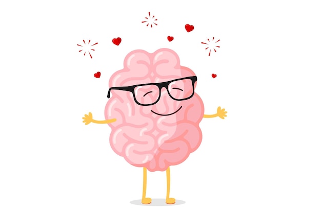 Intelligenter glücklicher Gehirncharakter der Karikatur in den Gläsern verlieben sich. Romantisches Maskottchen des Zentralnervensystemsorgans lustige Vektorillustration