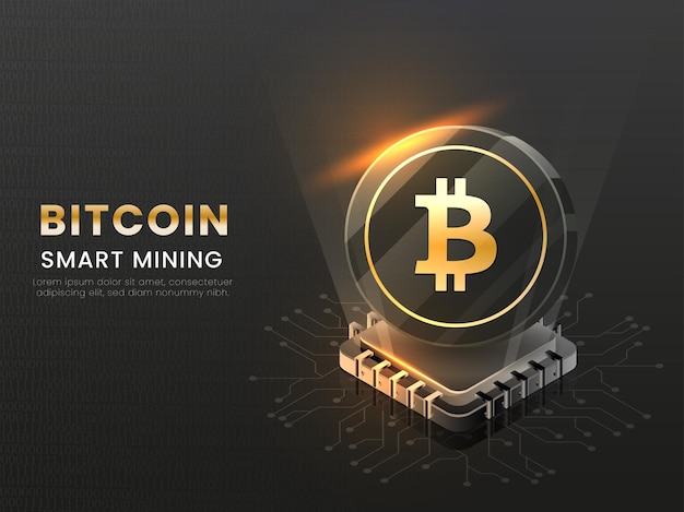 Intelligentes bitcoin-mining-konzept mit 3d-chip-illustration auf schwarzem hintergrund.