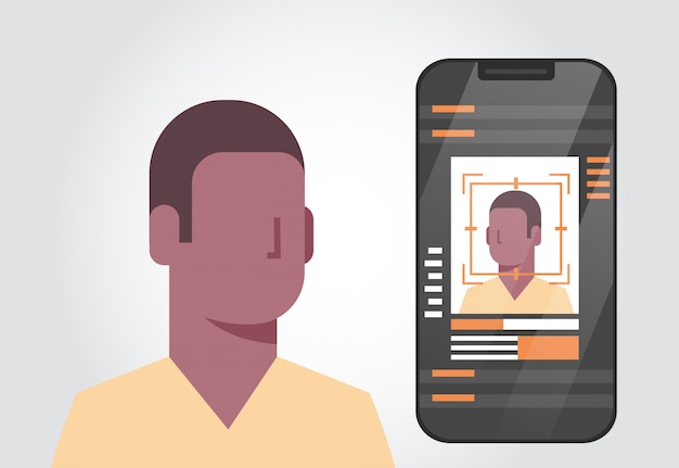 Intelligentes Telefon-Sicherheitssystem, das biometrisches Identifizierungs-Konzept des Afroamerikaner-männlichen Benutzers scannt