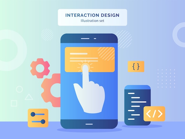 Interaktionsdesignillustrationssatzfinger auf smartphonebildschirmhintergrund der zahnradcodierung mit flachem stilentwurf