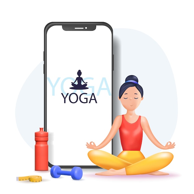 Interaktives online-yoga-training mit persönlichem trainer auf dem bildschirm des mobiltelefons tiny man training zu hause menschen üben meditationssportübungen 3d-vektorillustration